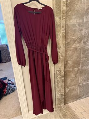 First Love Long Sleeve Maxi Dress in Burgundy with Waist Tie